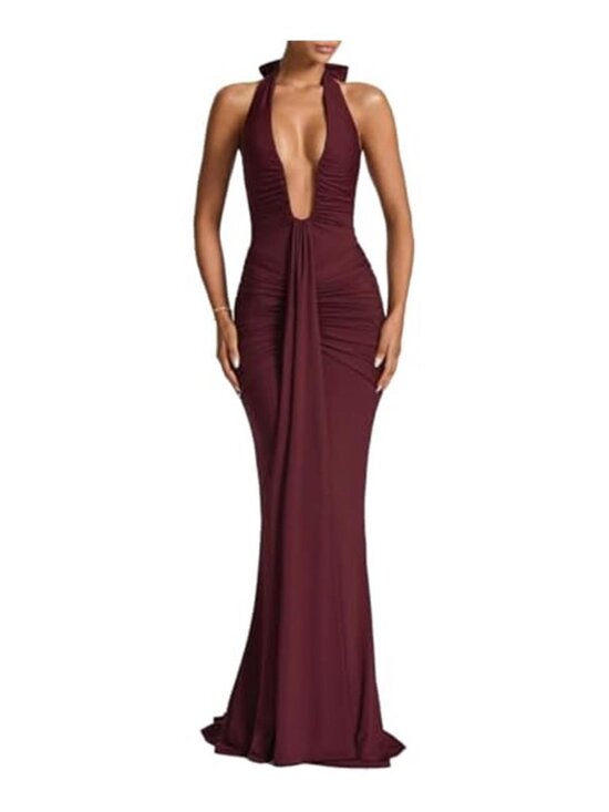 Dresses & Skirts - Burgundy Halter Maxi Gown Deep V Neck Ruched Bodycon Evening Formal Dress